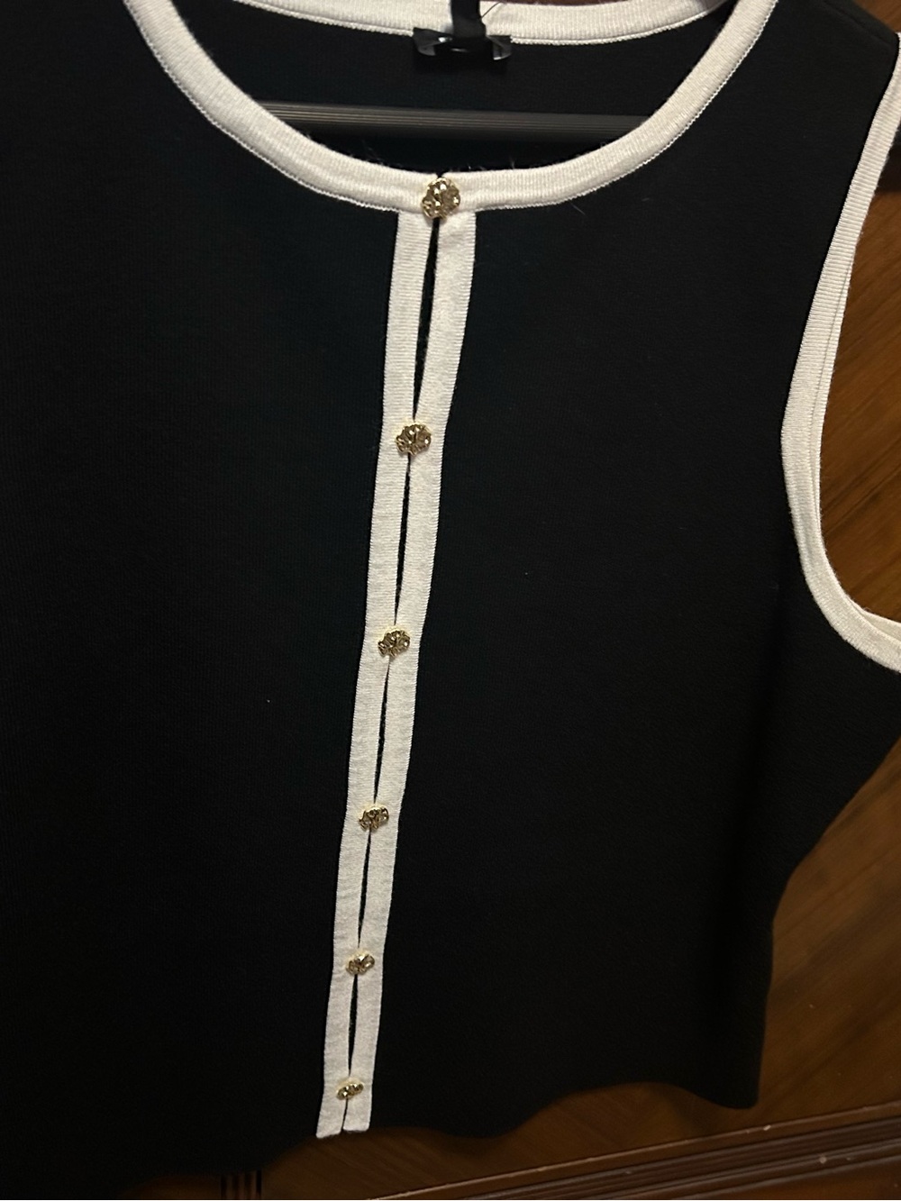 Sleeveless Black Button-Front Top with White Trim and Gold Buttons
